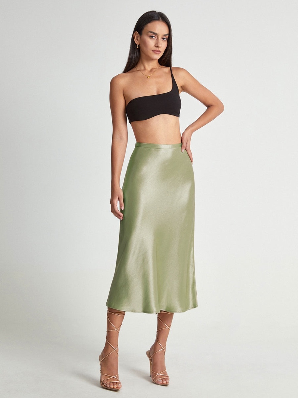 Commense High Waisted Satin Flowy Midi Skirt